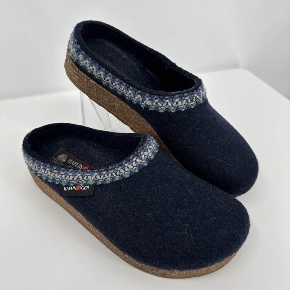 HAFLINGER GRIZZLY FRANZL BLUE EU 37 US 6 Women Alpine Wool Clogs Natural Fabric